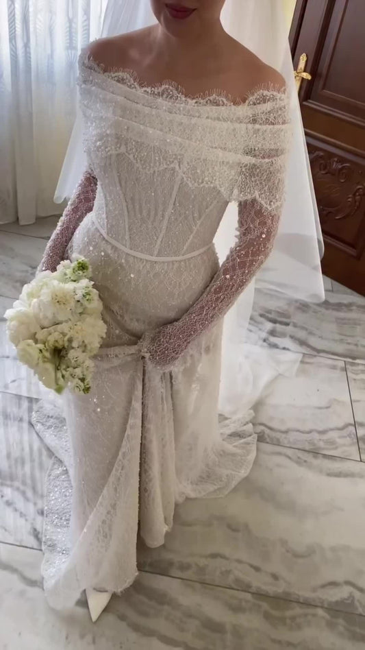 Gentle A Line Long Sleeve Sequin White Lace Long Wedding Dress SH7095