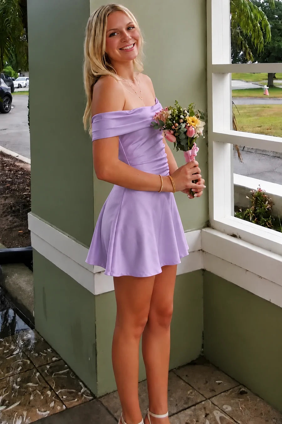 Purple Satin Off-Shoulder A-Line Pleats Short Party Homecoming Dress SH7806