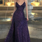 Shiny A Line Straps Dark Purple Sequin Prom Dress with Slit SH5518