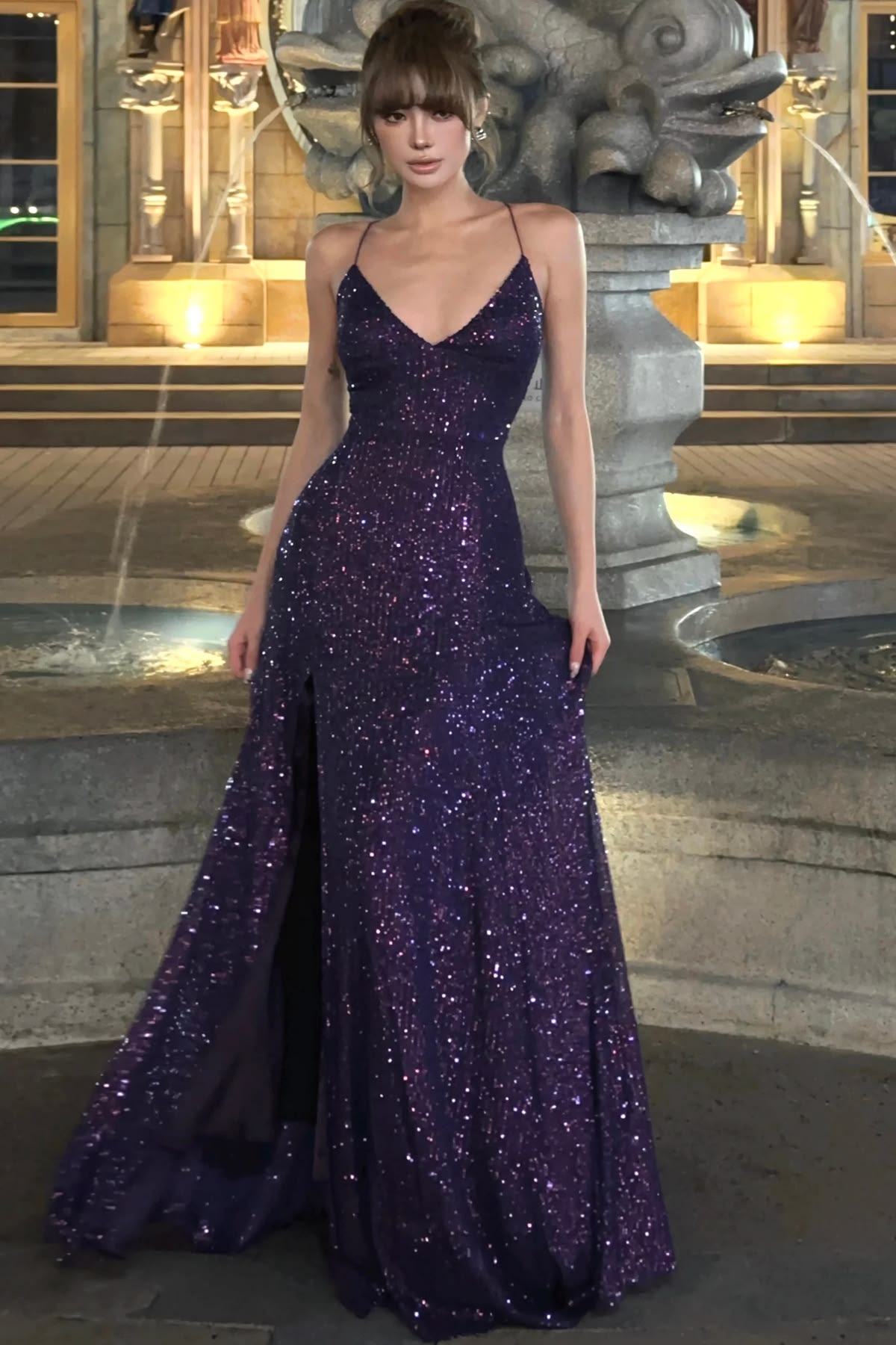 Shiny A Line Straps Dark Purple Sequin Prom Dress with Slit SH5518