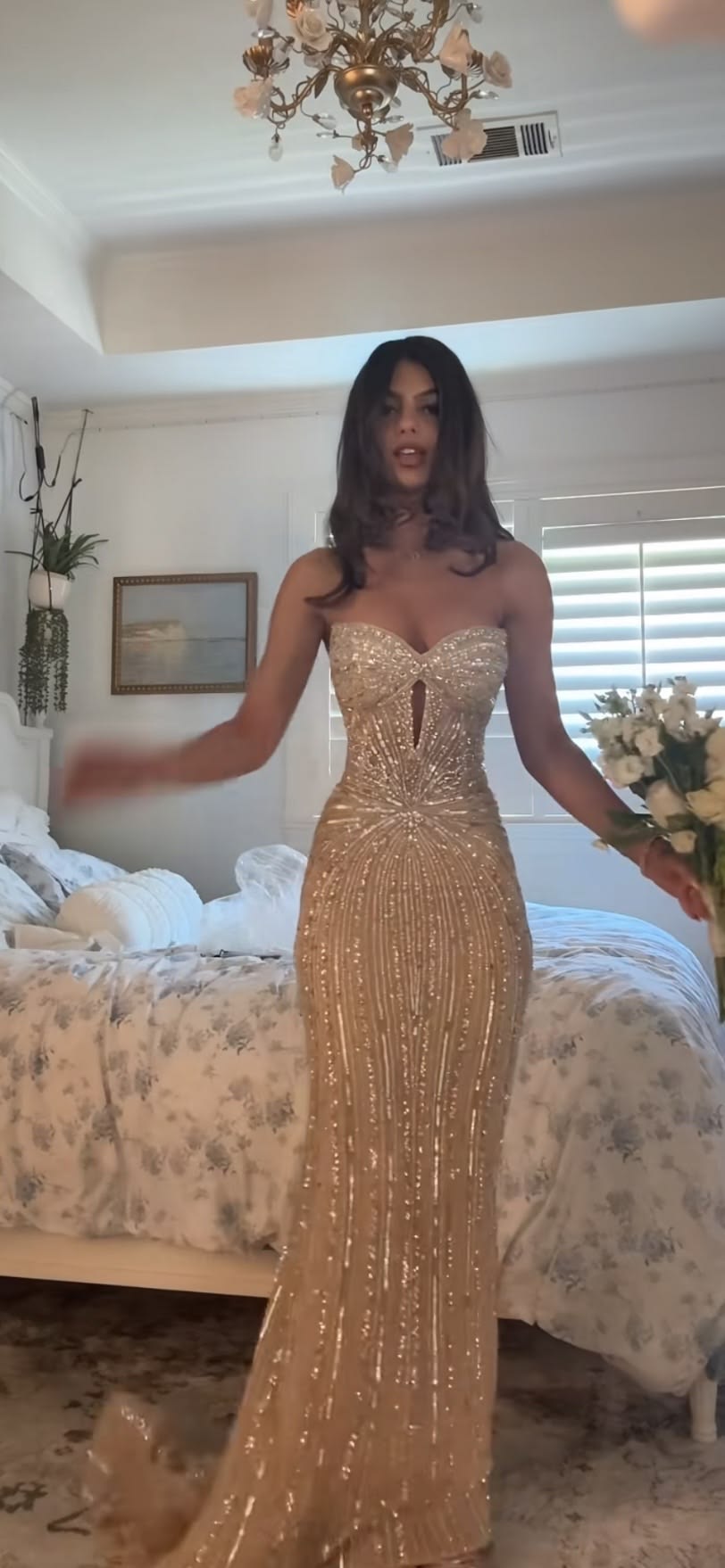 Shiny Champagne Mermaid Strapless Beaded Sequin Tulle Long Prom Dress SH8427