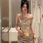 Shiny Mermaid Gold Sequin Long Prom Dress Cocktail Dress with Slit SH3212