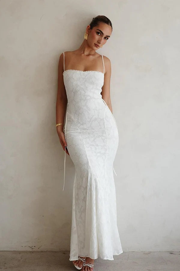 Elegant Ivory Mermaid Spaghetti Straps Lace Prom Dress Evening Dress SH5768