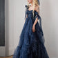 Star Sequin Navy Blue A Line Straps Layered Tulle Date Dress Prom Dress Evening Dress SH3888