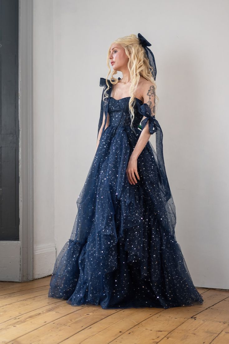 Star Sequin Navy Blue A Line Straps Layered Tulle Date Dress Prom Dress Evening Dress SH3888