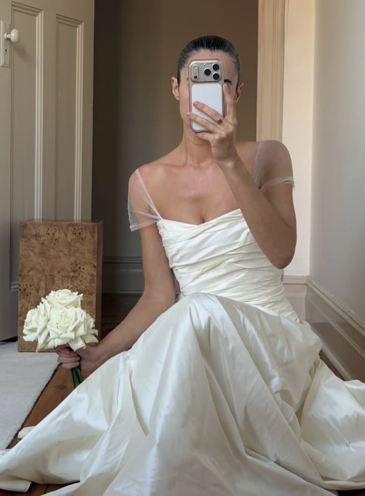Chic A Line Ivory Pleated Satin Long Prom Dress Wedding Dress SH7555