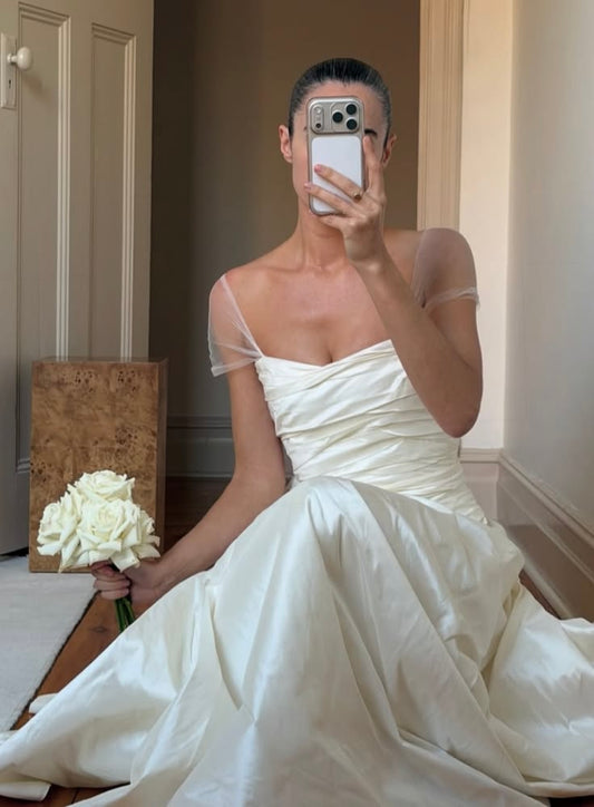 Chic A Line Ivory Pleated Satin Long Prom Dress Wedding Dress SH7555