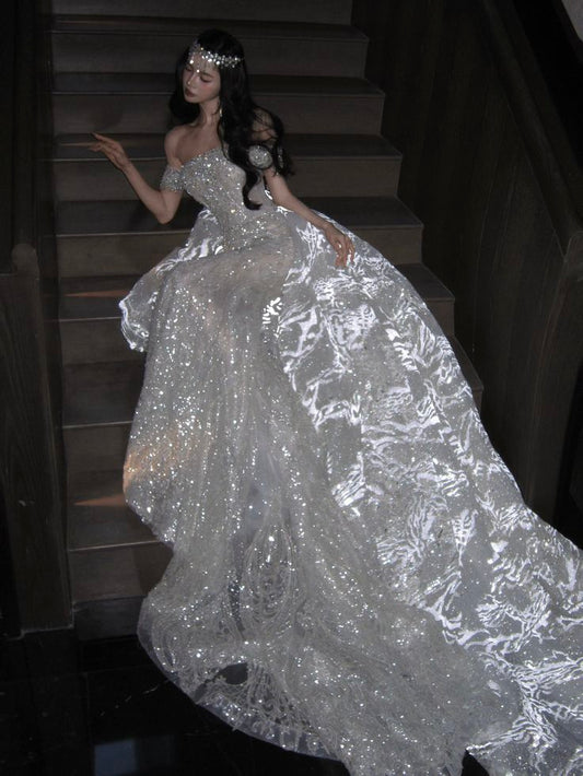 Romantic Exquisite White Mermaid Off the Shoulder Sequin Tulle Long Prom Dress Gown Dress SH3589