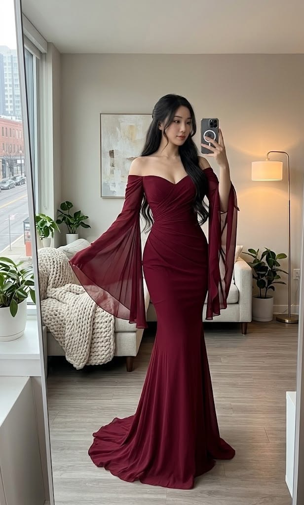 Elegant Burgundy Mermaid Long Sleeve Chiffon Long Prom Dress Evening Dress SH6905