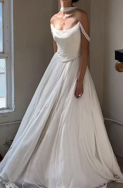 Simple A Line Off the Shoulder White Chiffon Long Prom Dress Graduation Prom Dress SH2602