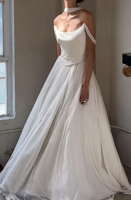 Simple A Line Off the Shoulder White Chiffon Long Prom Dress Graduation Prom Dress SH2602