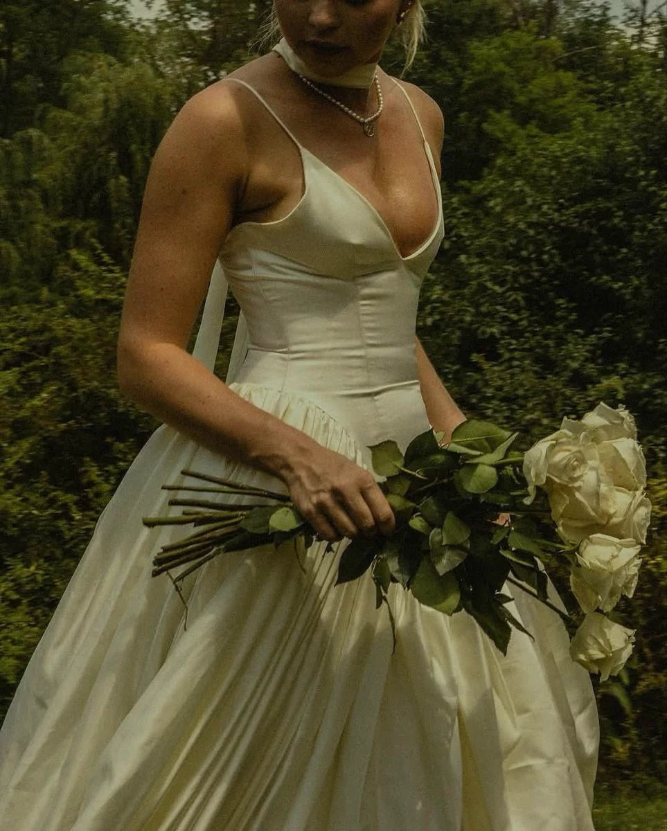 Simple Retro A Line Spaghetti Strap Satin Long Wedding Dress SH5951