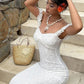 Sexy White Mermaid Spaghetti Strap Lace Long Prom Dress Evening Dress SH5752