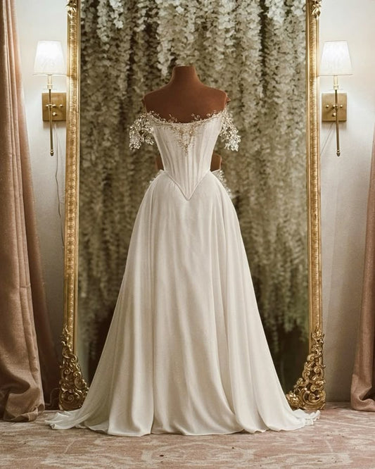 Stunning A Line Off the Shoulder Rhinestone White Satin Chiffon Prom Dress 18th Birthday Dress SH4474