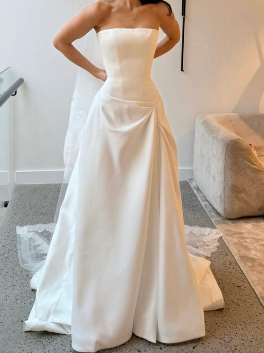 High-class A Line Strapless White Pleated Satin Long Wedding Dress SH8701