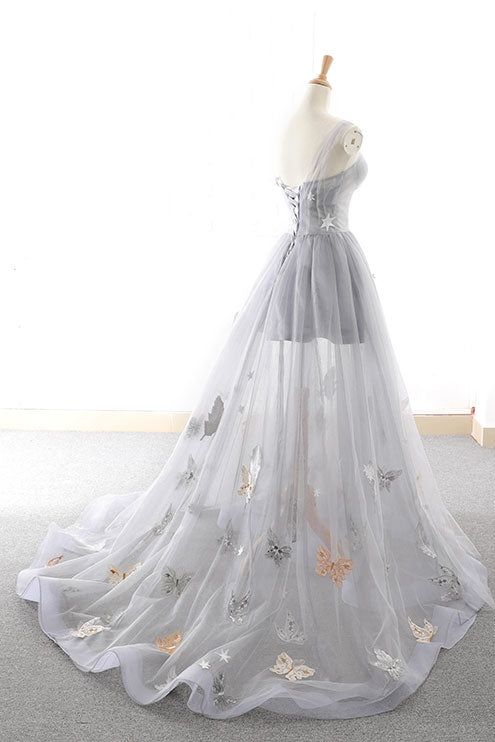 Gray A Line Sweetheart Appliques Tulle Long Prom Dress Evening Dress SH1712