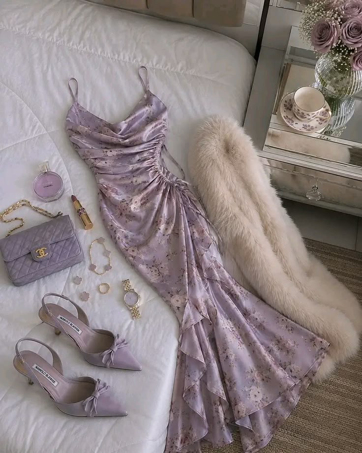 Purple Mermaid Spaghetti Straps Ruffle Print Satin Prom Dress Evening Dress SH6448