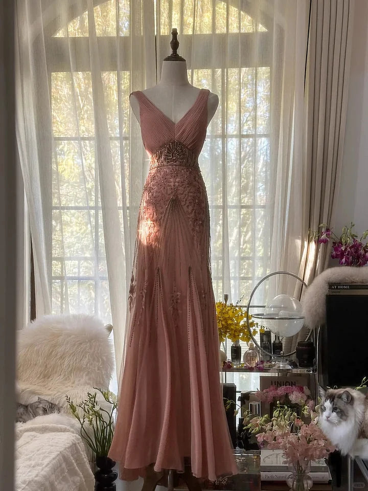 Elegant Mermaid V Neck Beaded Pink Chiffon Party Dress Evening Dress SH2882