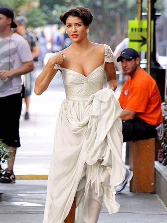 Pretty A Line Beaded Pleated White Chiffon Prom Dress 18th Birthday Dress SH4473