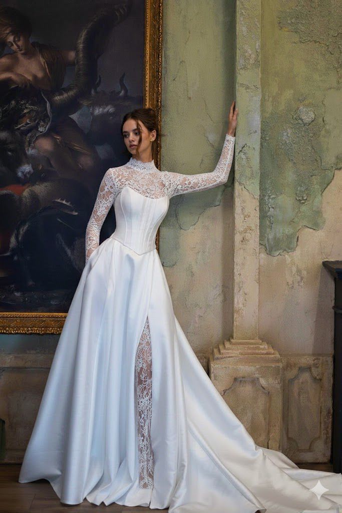 Elegant Ball Gown Long Sleeve High Neck Corset White Satin Lace Long Wedding Dress SH7099
