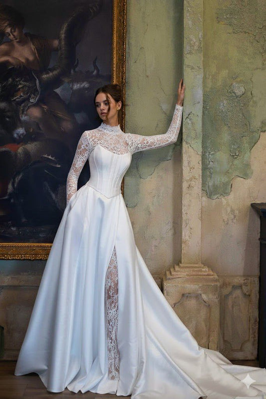 Elegant Ball Gown Long Sleeve High Neck Corset White Satin Lace Long Wedding Dress SH7099