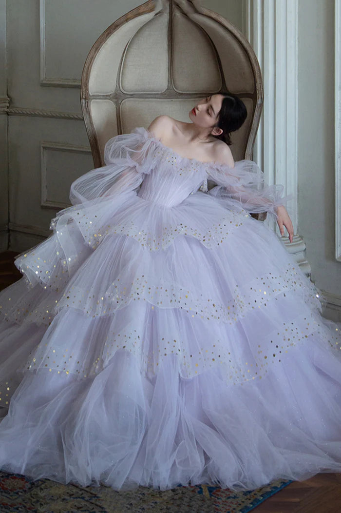 sequin tiered long sleeve tulle dress Rachel Allan RB8174 - Long Stretch Tulle, Beading Sheath Dress