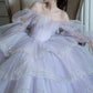 Gentle A Line Long Sleeve Sequin Tiered Purple Tulle Long Party Dress Evening Dress SH2799