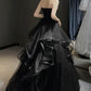Charming A Line Sweetheart Neck Ruffle Sequin Black Tulle Long Party Dress Evening Dress SH2800