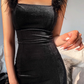 Black Sheath Feather Velvet Tea Length With Slit SH1641