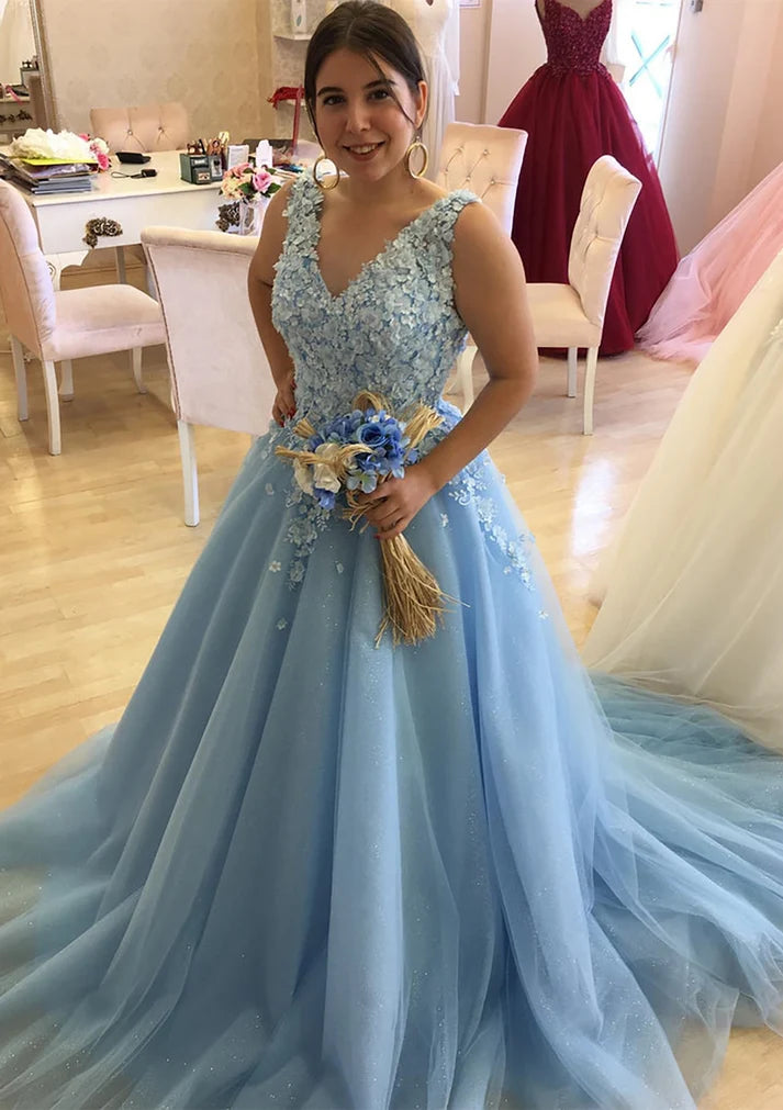 Blue 3D Floral A Line V Neck Tulle Evening Dress Prom Dress SH8227