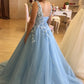 Blue 3D Floral A Line V Neck Tulle Evening Dress Prom Dress SH8227
