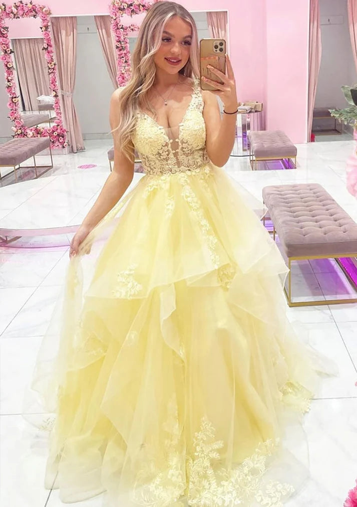 Yellow A Line V Neck Appliques Ruffles Tulle Evening Dress Prom Dress SH8228