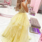 Yellow A Line V Neck Appliques Ruffles Tulle Evening Dress Prom Dress SH8228