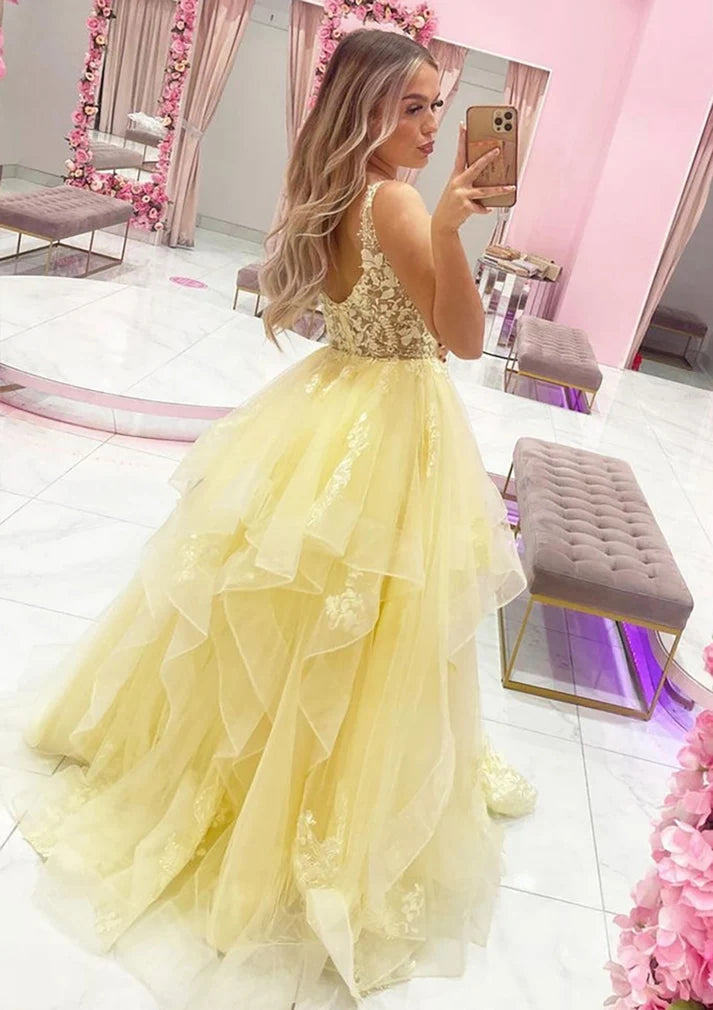 Yellow A Line V Neck Appliques Ruffles Tulle Evening Dress Prom Dress SH8228