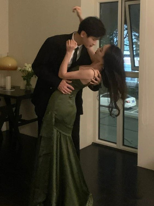 Dark Green Mermaid Spaghetti Strap Satin Prom Dress Wedding Guest Dress Date Dress SH4442