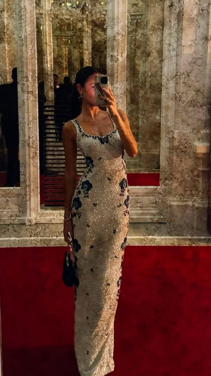 Shiny Silver Sequin Sheath Straps Exquisite Embroidery Long Prom Dress Evening Dress SH7047