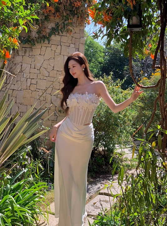 White Sheath Strapless Appliques Tulle Satin Prom Dress Formal Dress SH4169