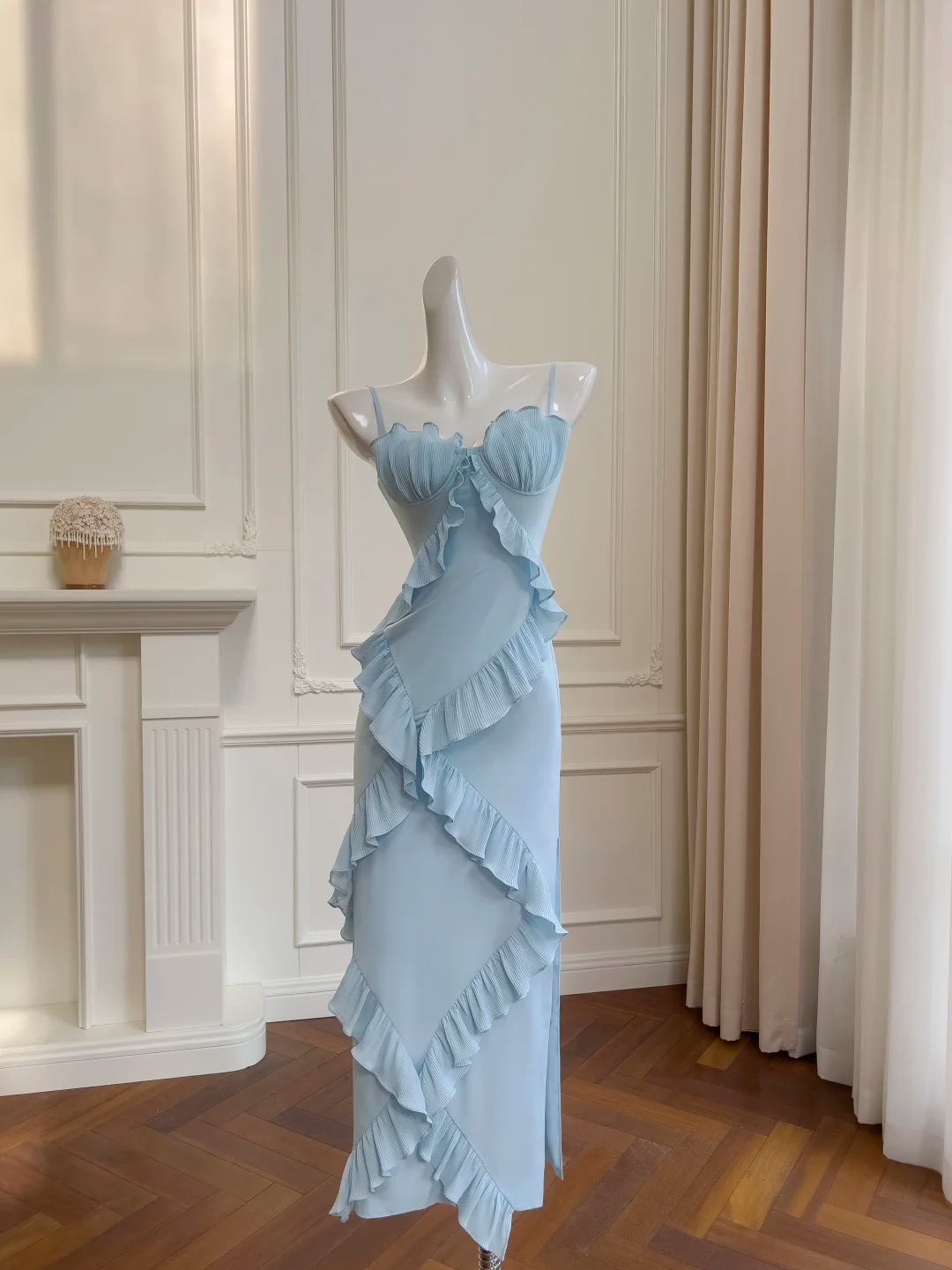 Gentle Sheath Spaghetti Strap Ruffle Blue Chiffon Prom Dress Wedding G