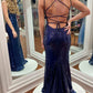 Navy Blue Mermaid V-Neck Lace-Up Sequin Long Prom Dress Evening Dress SH1736
