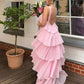 Pink A Line Halter Ruffle Chiffon Long Evening Dress Prom Dress SH1719