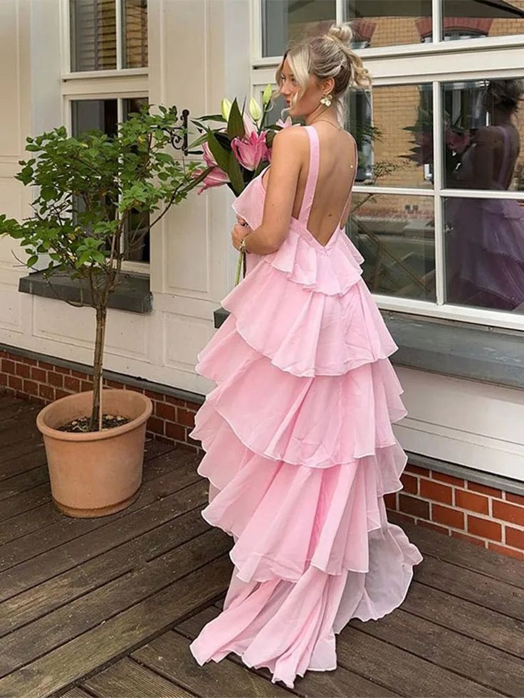 Pink A Line Halter Ruffle Chiffon Long Evening Dress Prom Dress SH1719