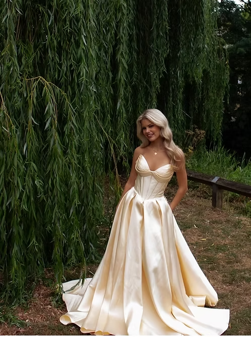 Light Yellow A Line Sweetheart Neck Corset Satin Long Prom Dress Evening Dress SH8820