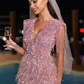 Dazzling Pink Sheath V Neck Sequin Beaded Feather Short Prom Dress Homecoming Dress SH6377
