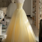Stunning A Line Strapless Flower Light Yellow Tulle Long Prom Dress Evening Dress SH2993