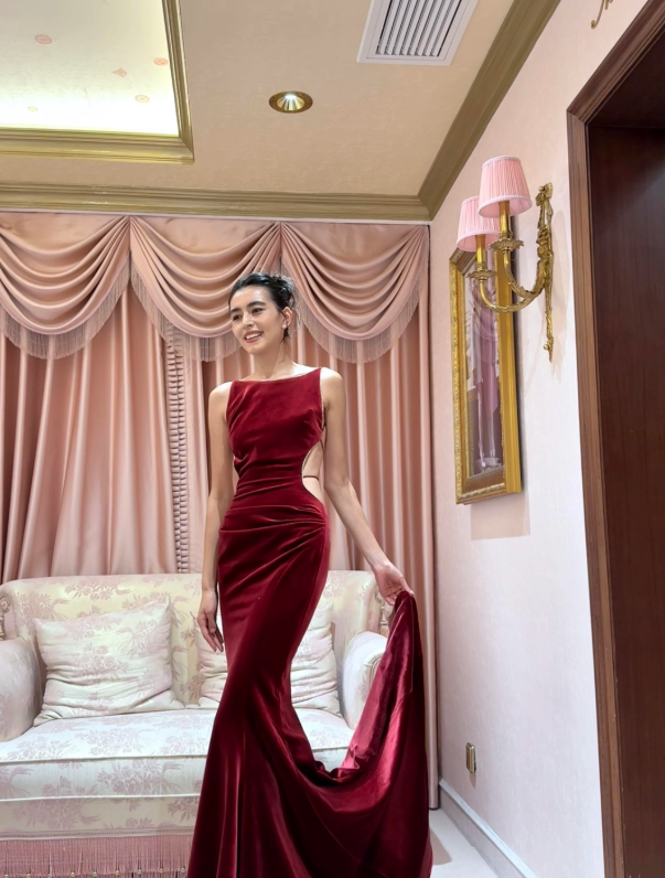 Burgundy Mermaid Velvet Open Back Long Prom Dress Wedding Guest Dress SH4385