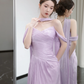 Gentle Purple A Line Off the Shoulder Pleated Satin Prom Dress Evening Dress SH4214