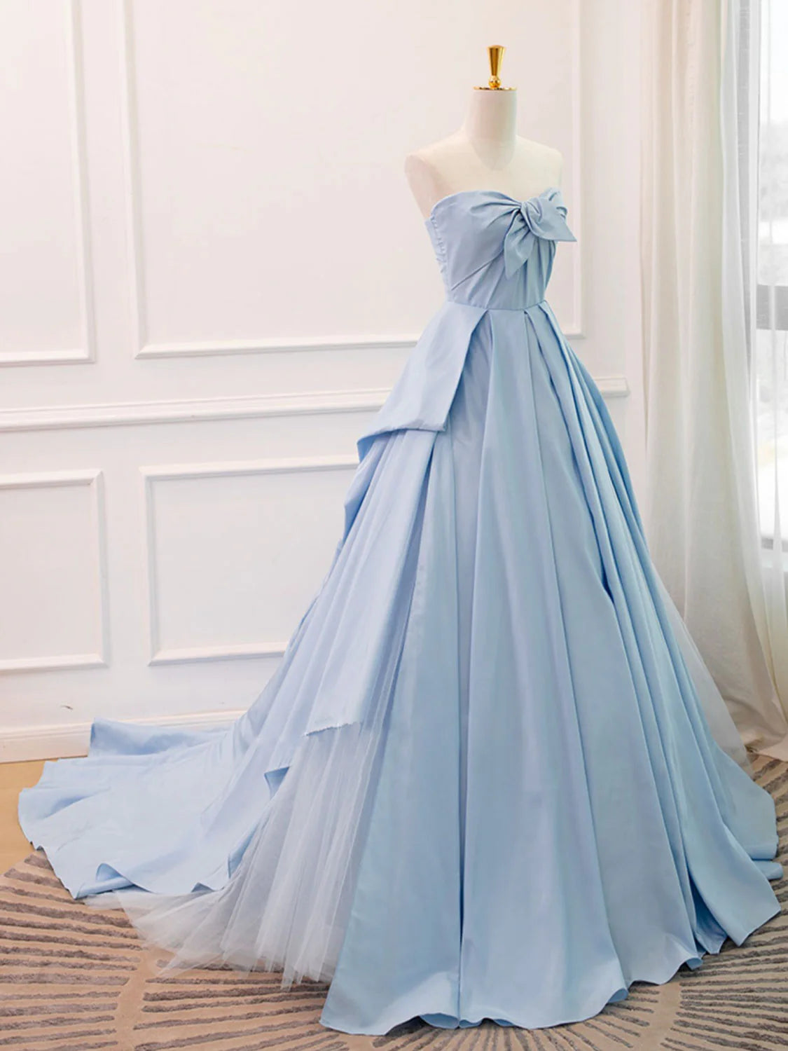 A Line Sweetheart Neck Blue Satin Tulle Long Prom Dress Evening Dress SH1734