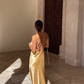 Simple Pecan Bronze A Line Spaghetti Strap Satin Open Back Prom Dress Wedding Guest Dress SH4450