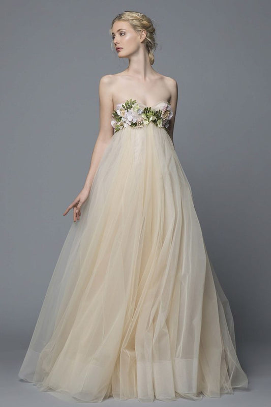 Princess A Line Strapless Floral Apricot Tulle Prom Dress Evening Dress SH4224