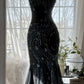 Charming Mermaid Spaghetti Strap Beaded Black Chiffon Prom Dress Evening Dress SH3364